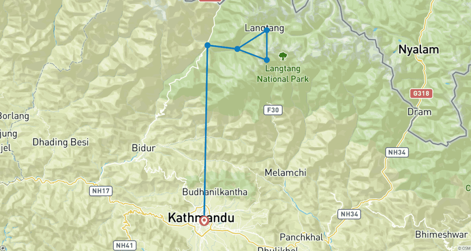 Mapa do percurso de Trekking no Vale de Langtang: 10 Dias