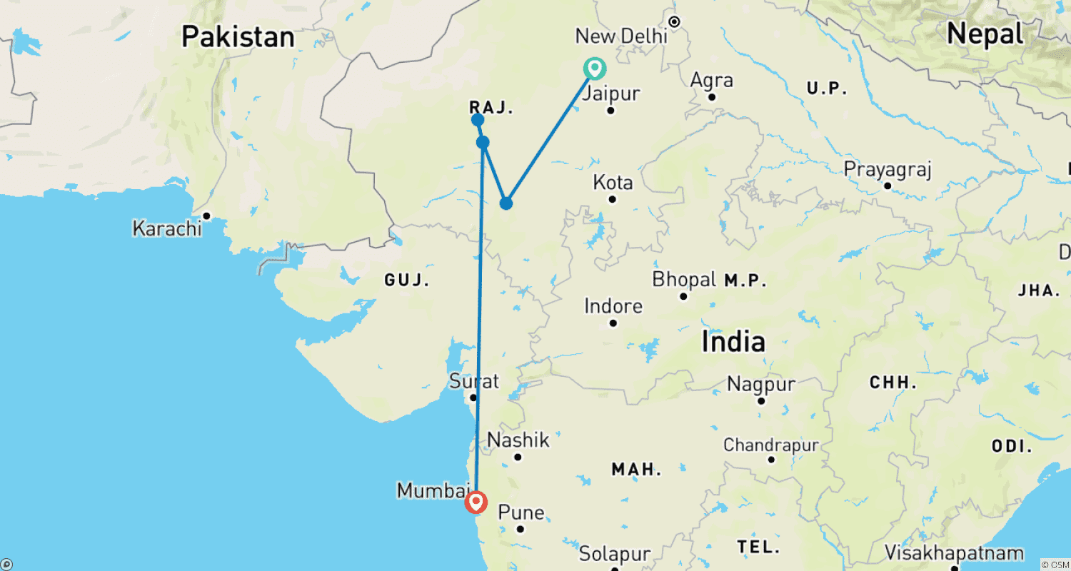 Mapa do percurso de Um Tour de Luxo Privado Exclusivo para Udaipur e Jodhpur em Rajasthan (De Mumbai com Voos)