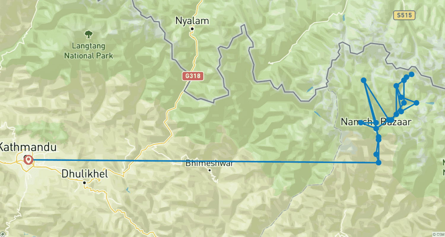 Mapa do percurso de Caminhada ao Acampamento Base do Everest 12 Dias