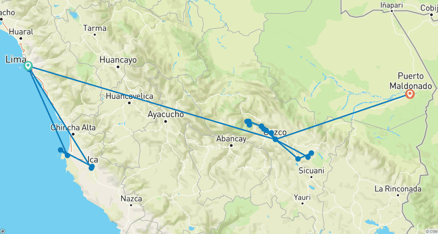 Mapa trasy: Peruńskie skarby – 10 dni (Lima – Cusco i Puerto Maldonado)