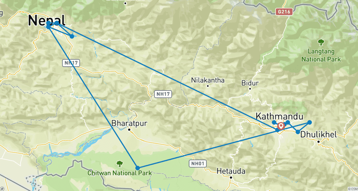 Mapa do percurso de Tour Privado e Personalizado de 9 Dias no Nepal, Partida Diária (Guia e Motorista Exclusivos)