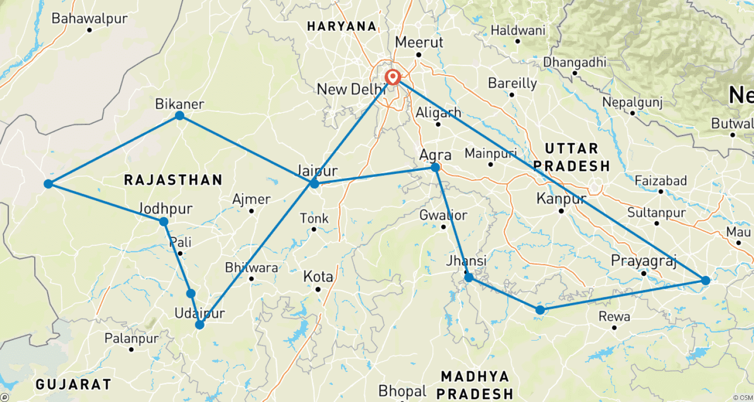 Varanasi, Orchha, Agra, Jaipur, Jaisalmer, Jodhpur & Udaipur [Rajasthan]を巡る14日間の旅のルートマップ