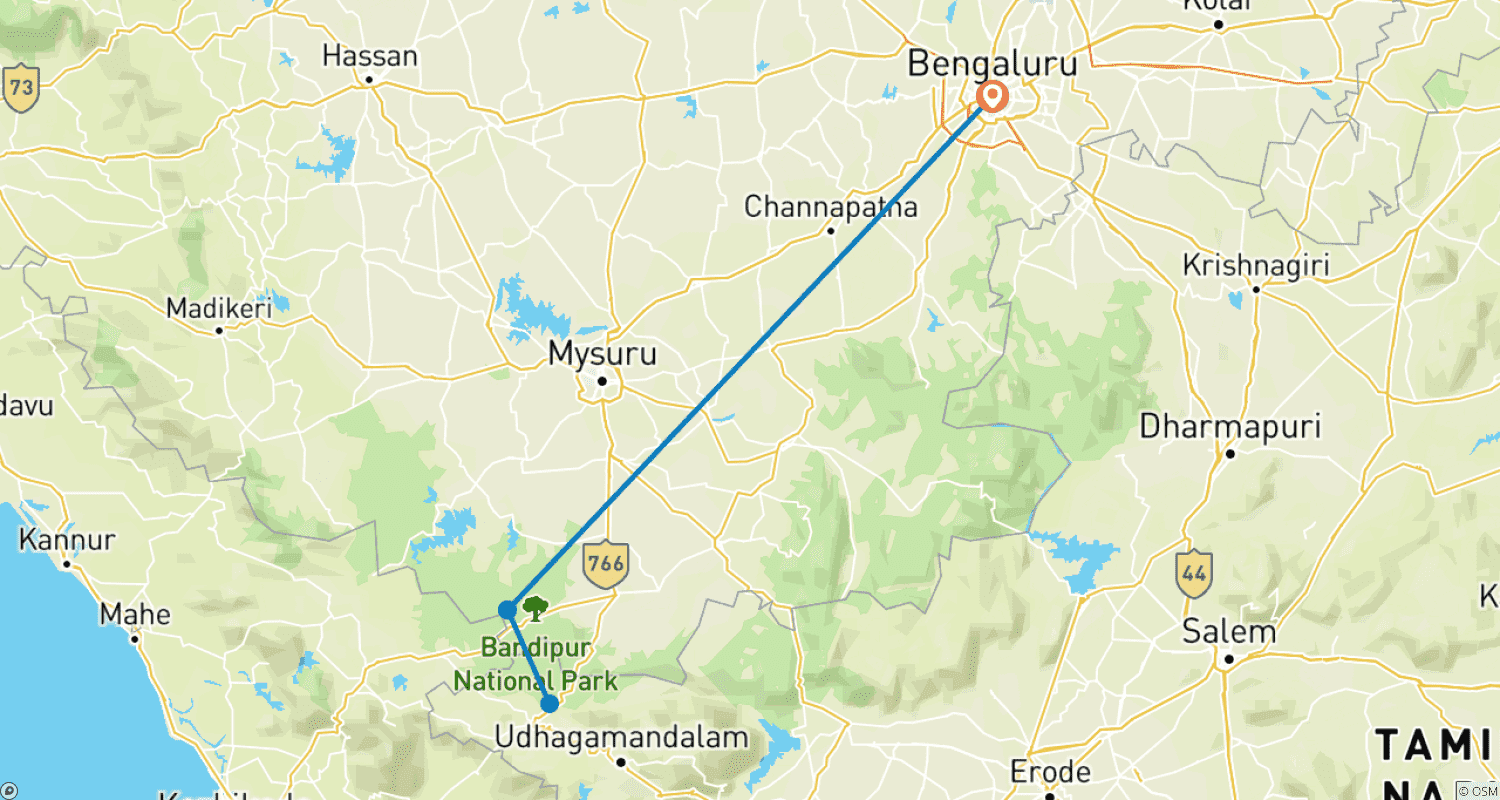 Mapa trasy: Wycieczka do Rezerwatu Dzikiej Przyrody Bandipur i Mudumalai z Bangalore (WSZYSTKO W CENIE)