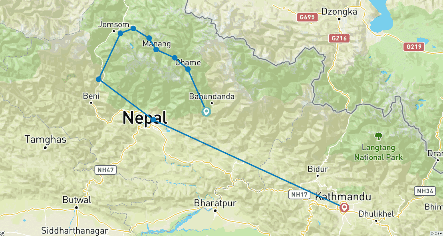 Mapa trasy: Trek po Szlaku Annapurny 10 Dni