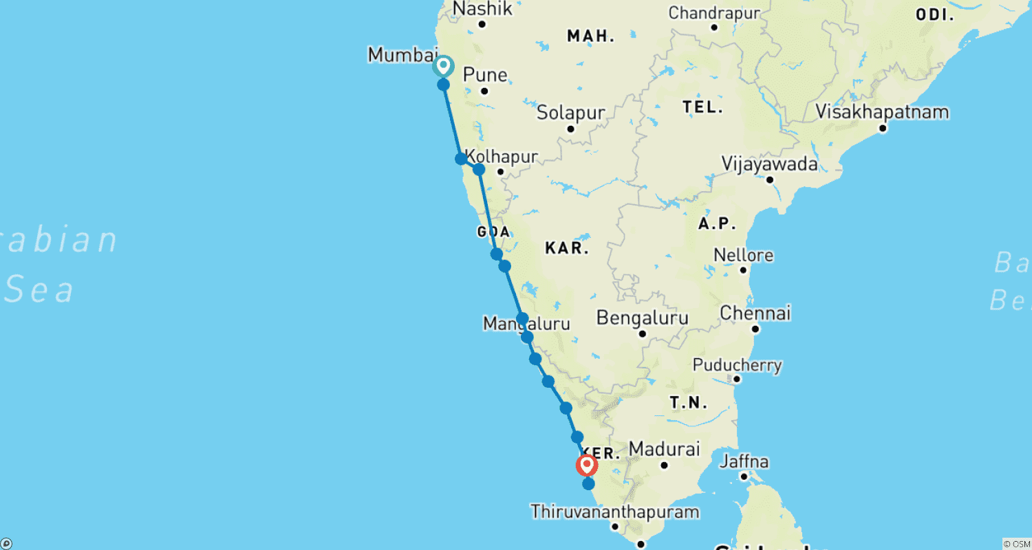 Mapa trasy: Eksploracja Zachodniego Wybrzeża Indii