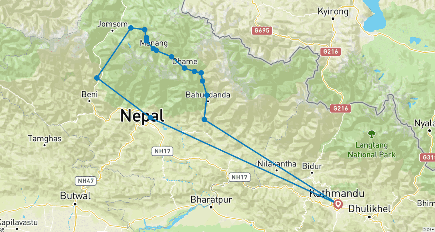 Mapa trasy: Annapurna Circuit Trek 13 Days