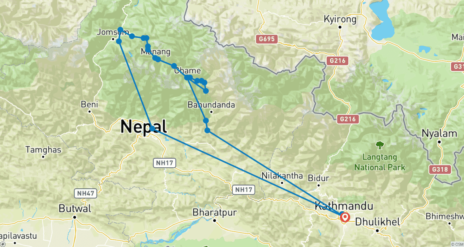 Mapa do percurso de Caminhada do Circuito Annapurna 15 Dias