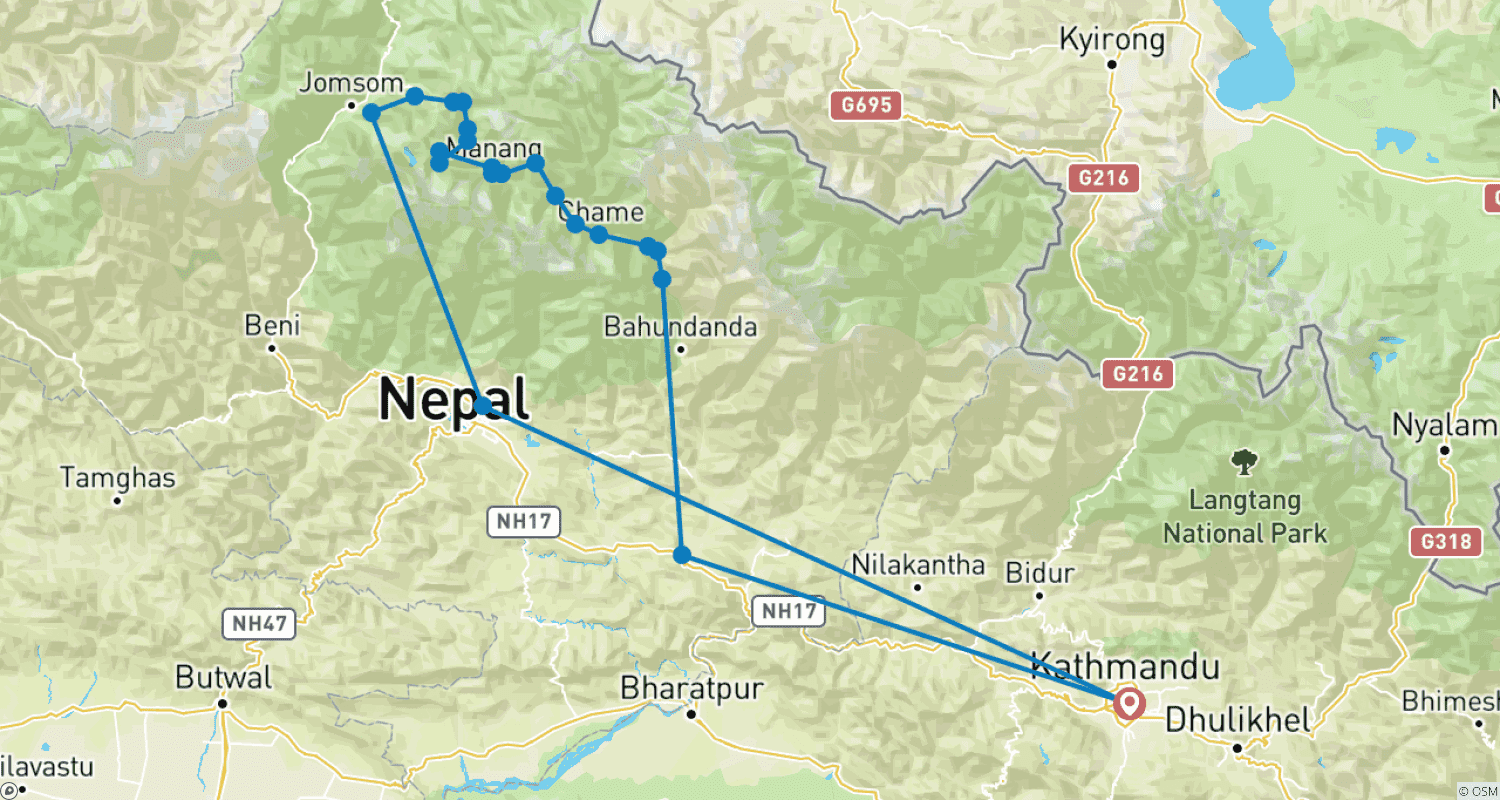Mapa do percurso de Annapurna Circuit with Tilicho Lake Trek