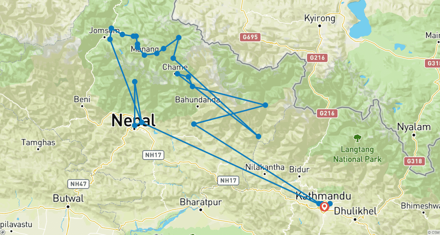 Mapa trasy: Nar Phu Valley Trek 19 Days