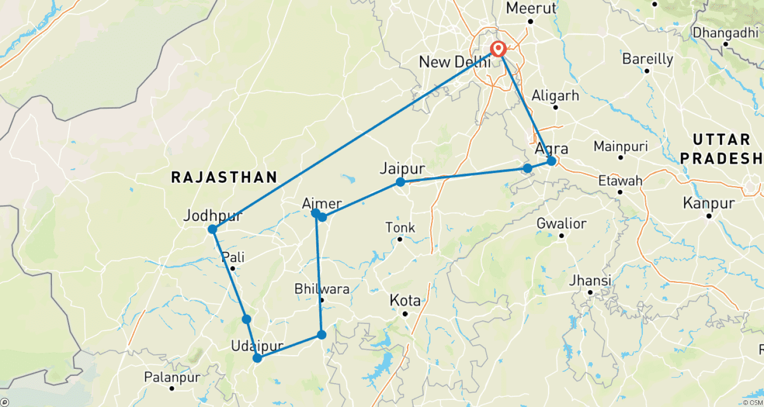 Mapa do percurso de Viagem de Herança em Rajasthan