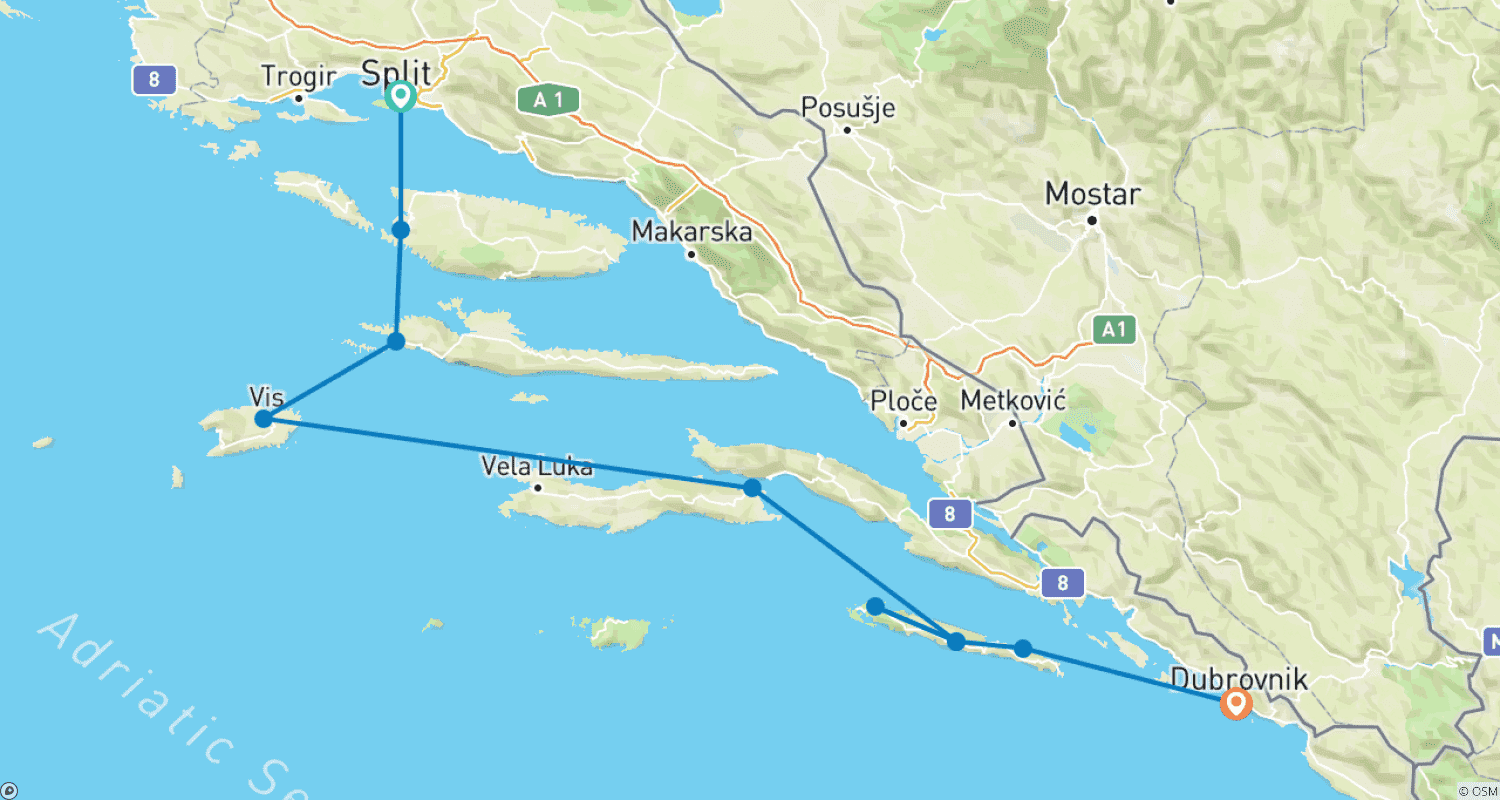 Mapa do percurso de Vela de Vinhos na Croácia (de Split a Dubrovnik)