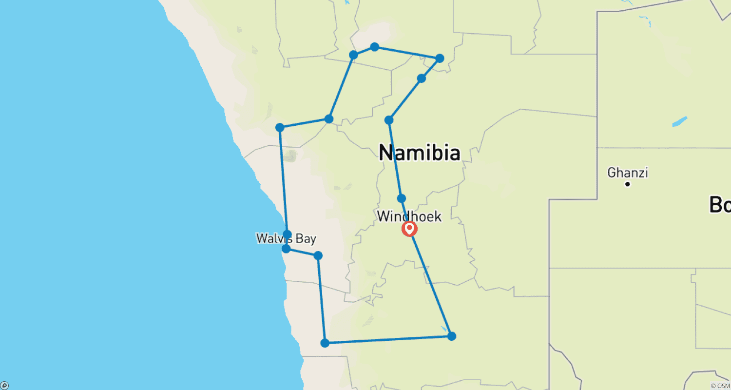 Mapa do percurso de 10 Days Beauty of Namibia | Auto Tour Lodge