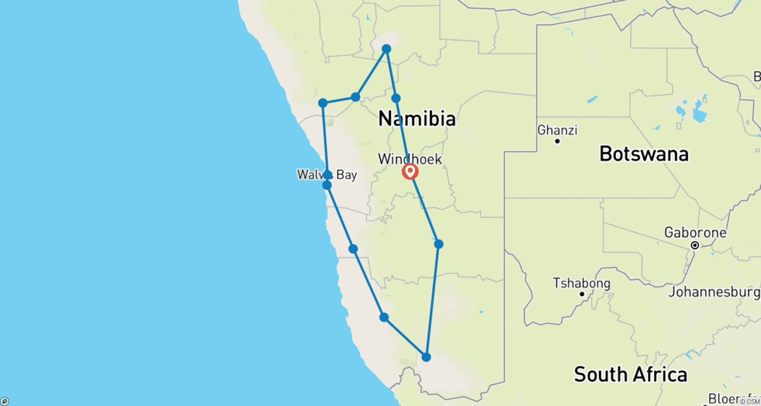 Mapa do percurso de 12 Dias Namíbia em Plus | Auto Tour Lodge