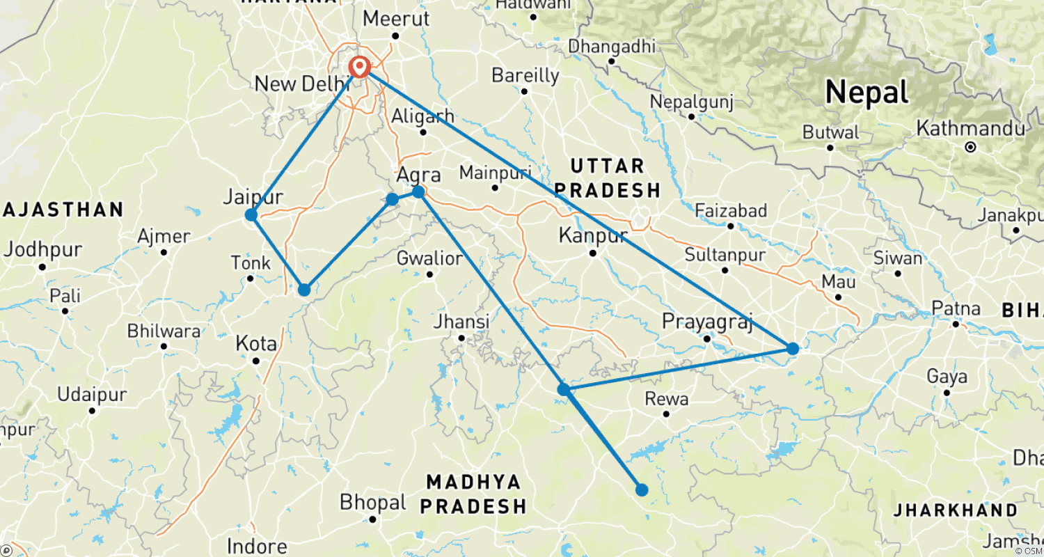 インドのハイライトとタイガーサファリのルートマップ