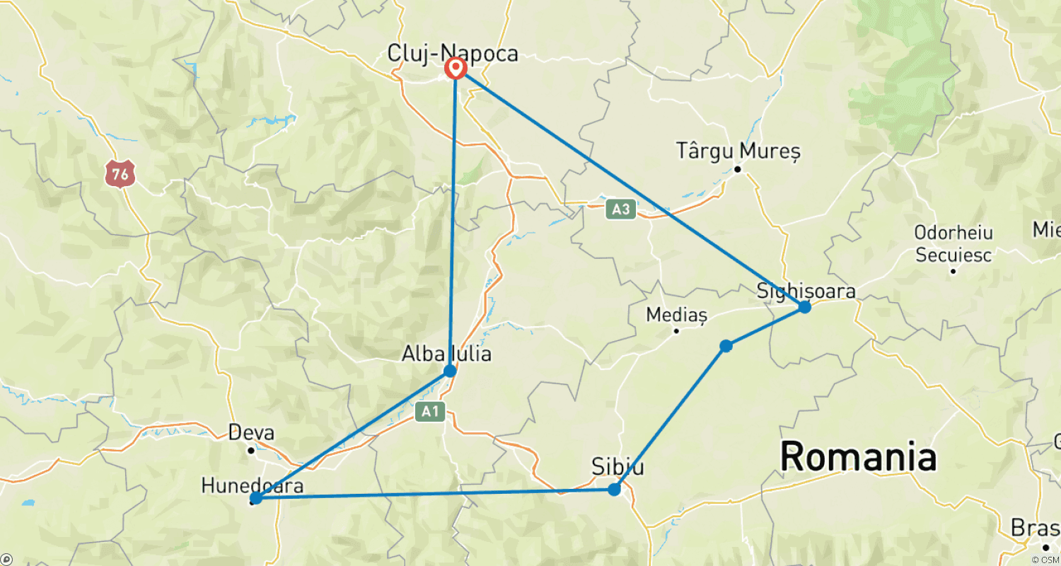 خريطة مسار جولة خاصة ليومين إلى Sibiu و Sighisoara من Cluj-Napoca