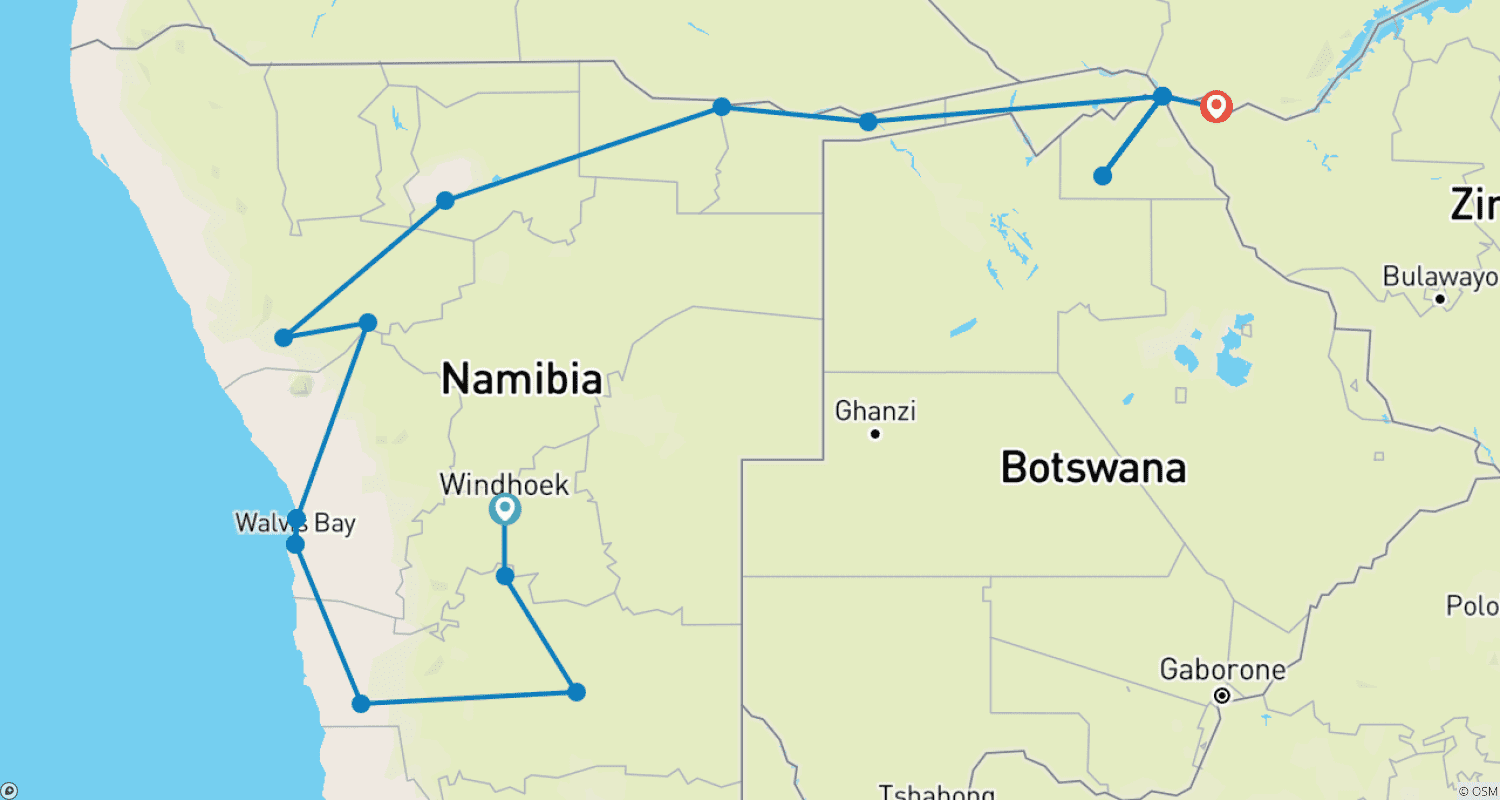 Mapa do percurso de Viagem privada à Namíbia, Botsuana, Zimbábue