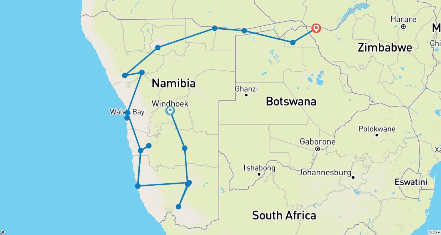 Mapa trasy: Miłość do Afryki (z Windhoek do Wodospadów Wiktorii) - Wyprawa samochodem