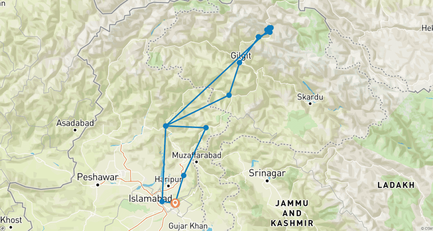 Mapa trasy: 8-dniowa wycieczka lądowa: Dolina Hunza Gojal, Gilgit, Pakistan