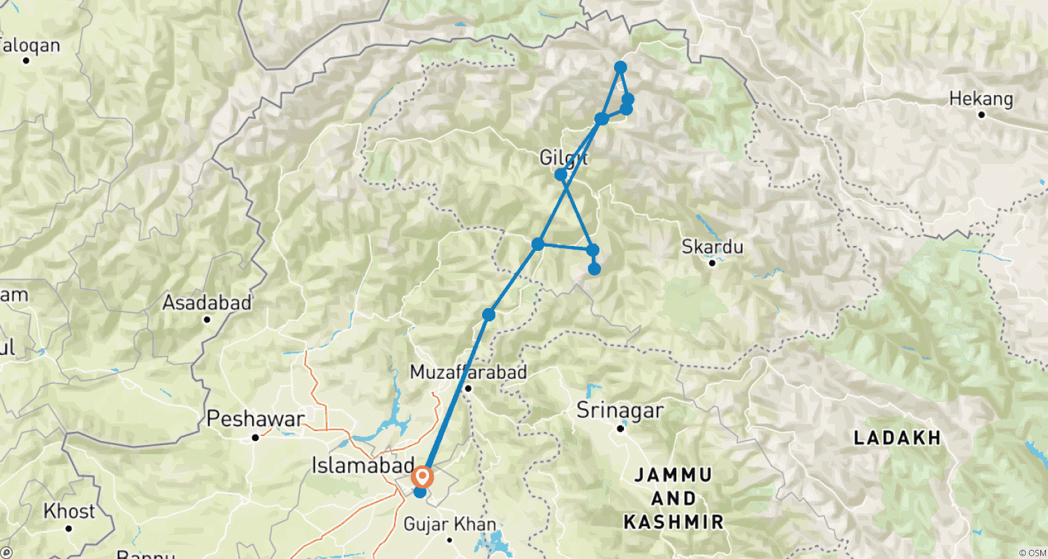 11 Days Trek  Nanga Parbat Base Camp & Hunza Gojal Valley Pakistanのルートマップ