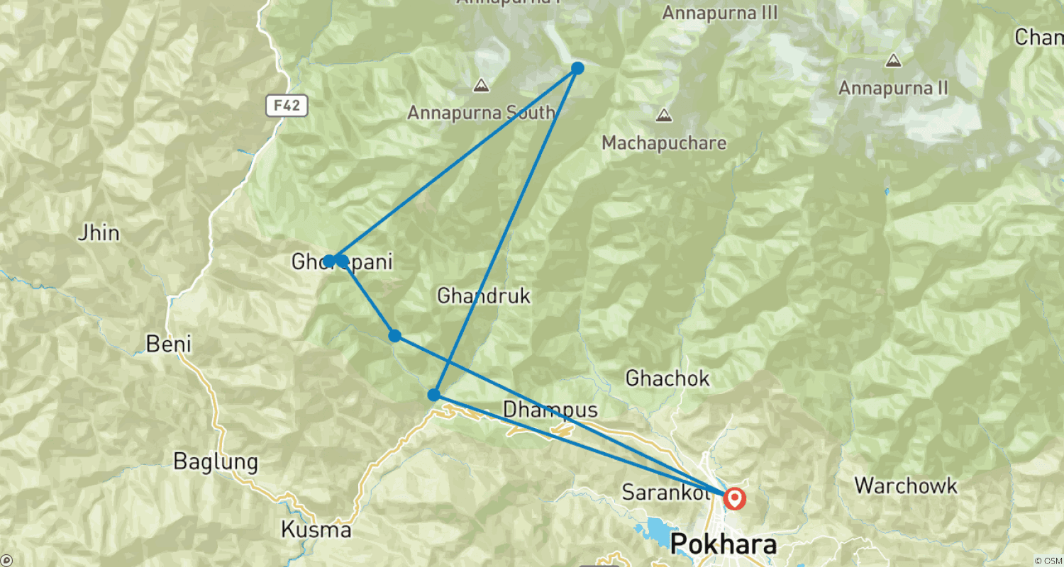 Poon Hill - Ghandruk Trek 4日間 2026/2027のルートマップ