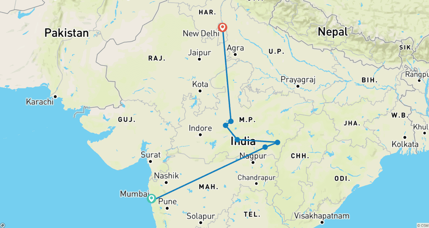 Mapa trasy: Indian Wildlife Odyssey