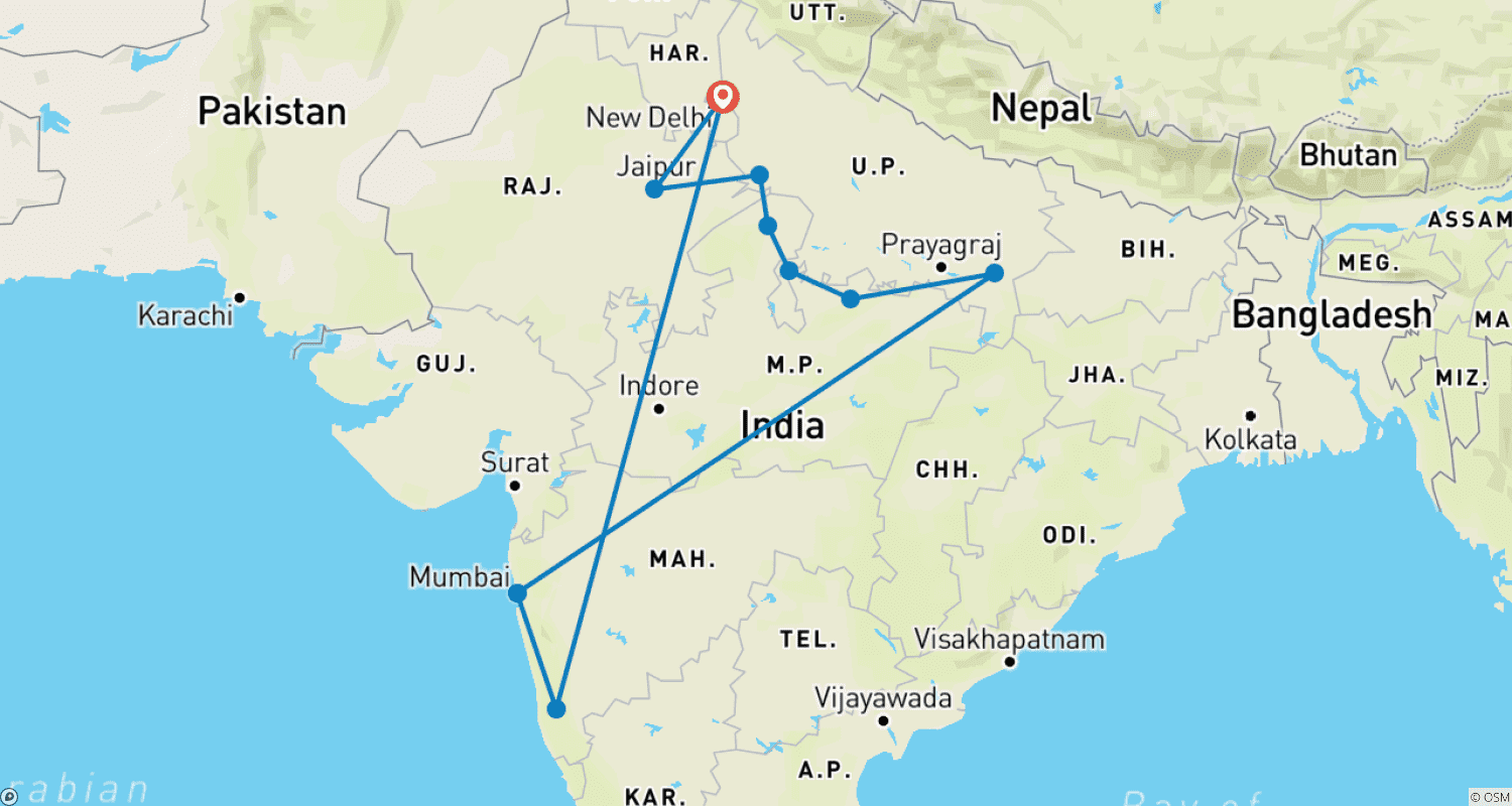 Mapa trasy: Hotele dziedzictwa Indii z relaksującą Goa, loty wliczone
