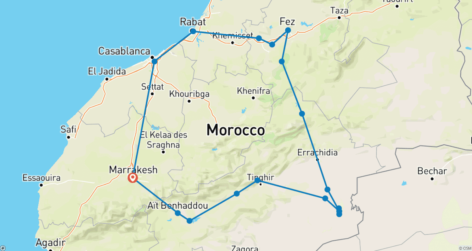 Mapa do percurso de Excursão Privada Cidades Imperiais e Deserto: 8 Dias de Marrakech a Marrakech (Tour Privado)