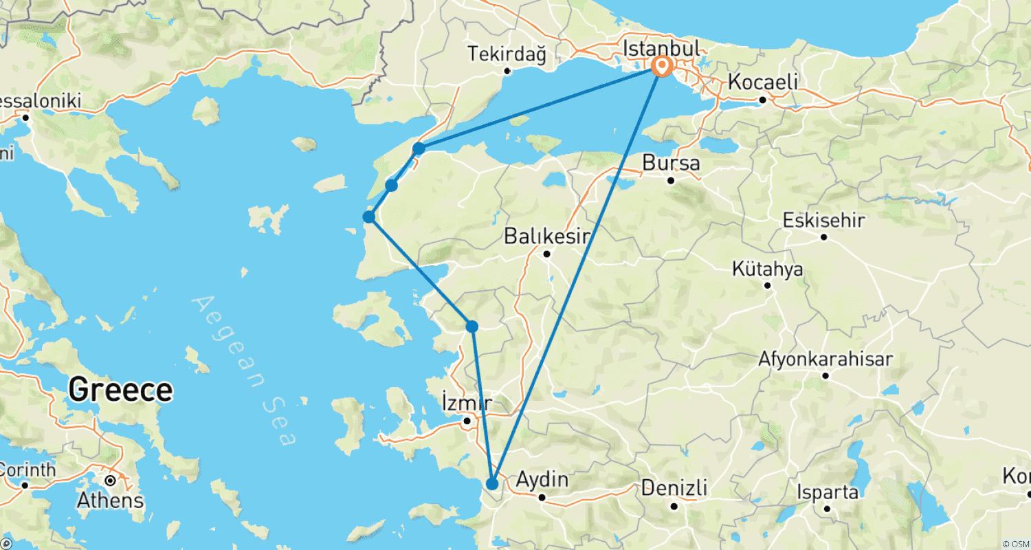 Mapa trasy: 3-dniowa prywatna wycieczka po Gallipoli, Troi, Pergamonie i Efezie ze Stambułu