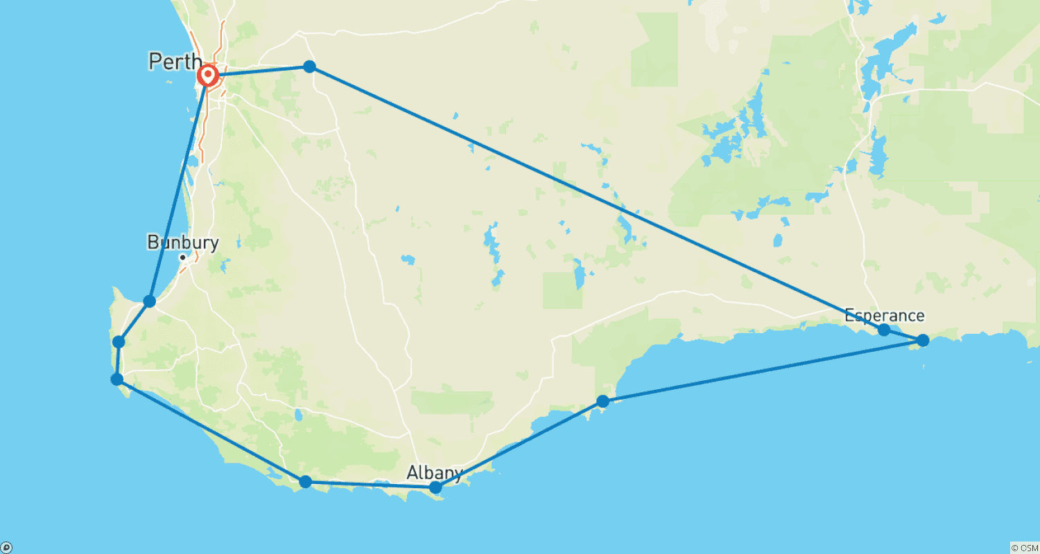خريطة مسار جولة مغامرة 6 أيام إلى Esperance وMargaret River