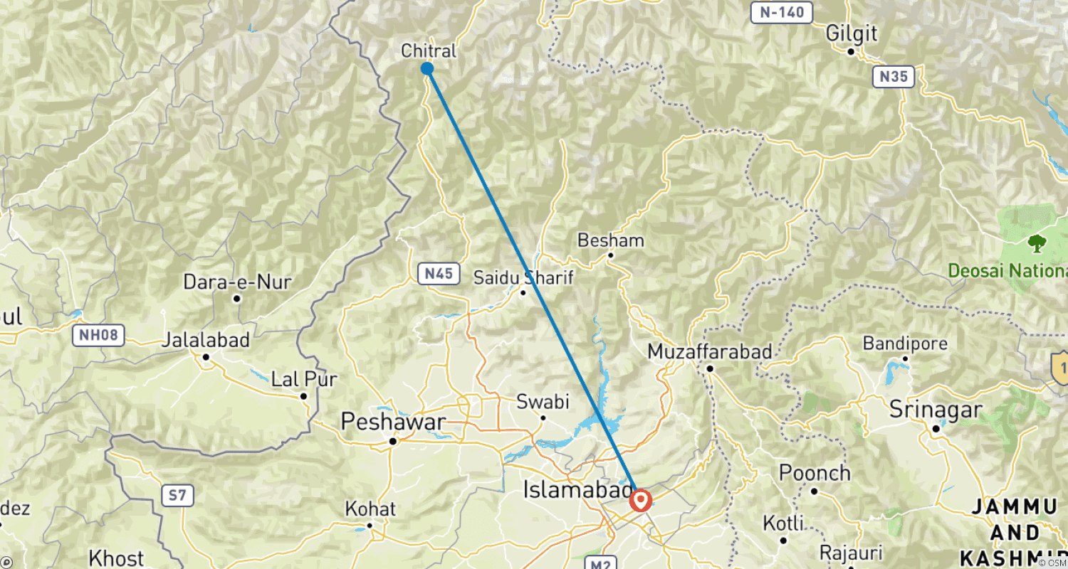 Mapa do percurso de Festivais Kalash no Vale de Chitral, Paquistão