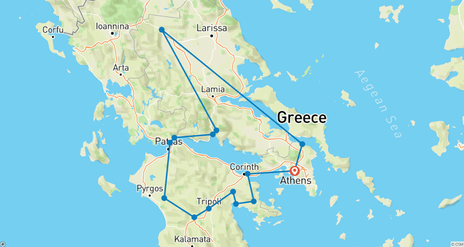 ギリシャの冬—クラシカルツアー ナフプリオン、オリンピア、デルフィ、メテオラのルートマップ
