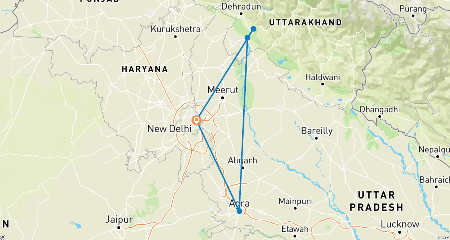 Mapa do percurso de Excursão ao Taj Mahal com Yoga
