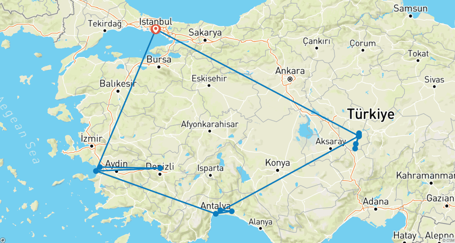 Mapa trasy: 15 Days Gems of Turkey Tour Package