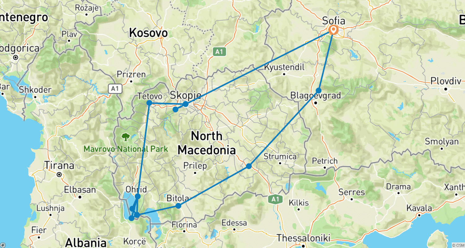 Mapa do percurso de Excursão Macedônia e Bulgária