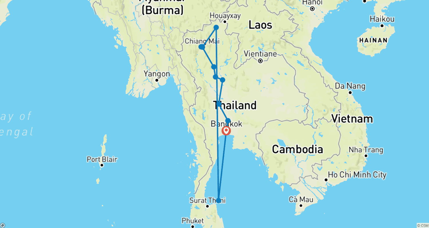 Mapa do percurso de Viagem em Família PRIVADA Personalizada de 15 Dias pela Tailândia com Ilhas, Partidas Diárias