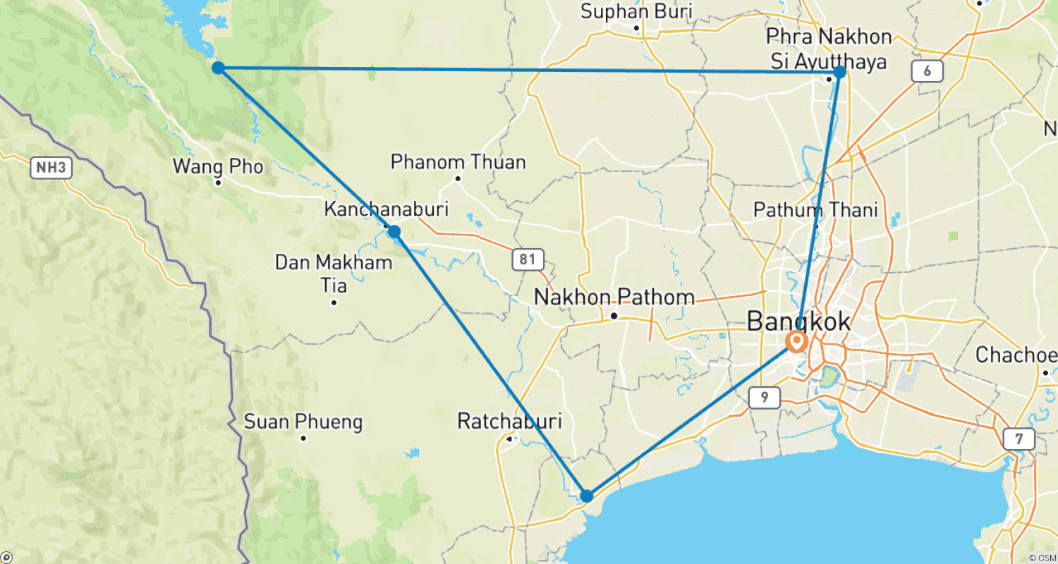 Mapa do percurso de Viagem Privada Personalizada para Bangkok, Kanchanaburi & Ayutthaya, Partidas Diárias