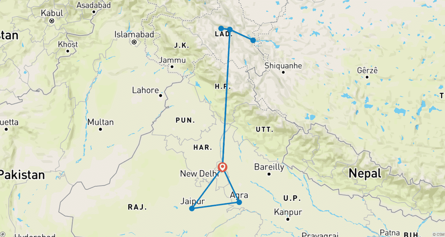 Mapa do percurso de Excursão Romântica de 13 Dias pelo Triângulo Dourado com Leh e Ladakh (TUDO INCLUÍDO)