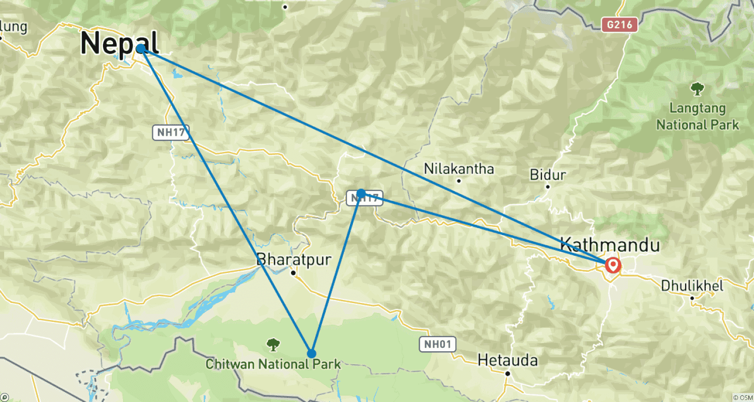 Mapa trasy: 9-dniowa Przygodowa Wycieczka po Nepalu: Kathmandu, Rafting, Safari w Chitwan i Paralotniarstwo w Pokharze
