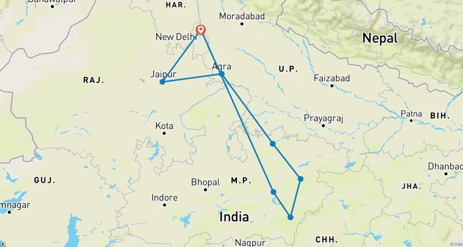 Mapa trasy: Golden Triangle Tour With Bandhavgarh & Kanha Wildlife Tiger Safari all inclusive