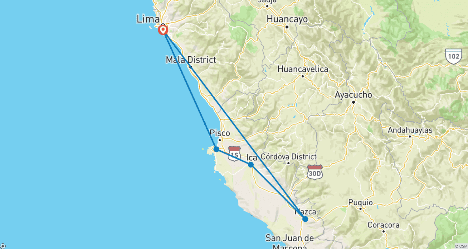 Mapa trasy: Ucieczka w Niebo i Pustynię: Paracas, Ica i Nazca - 2 Dni