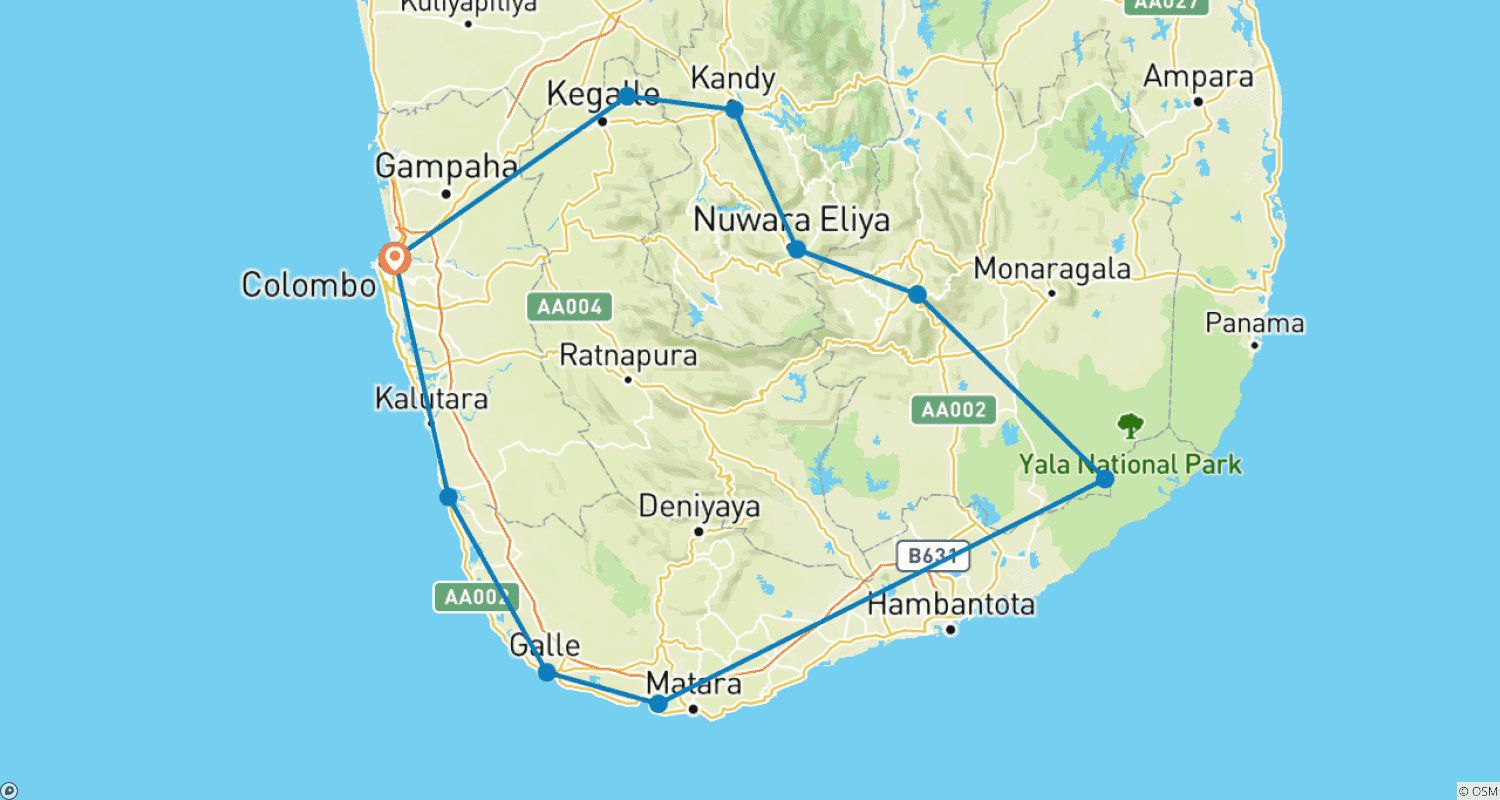 Mapa trasy: Pakiet 10-dniowy na Sri Lance