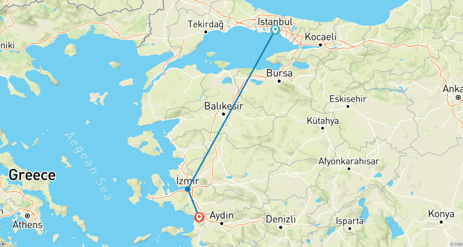 Mapa do percurso de Viagem de um dia a Éfeso saindo de Istambul