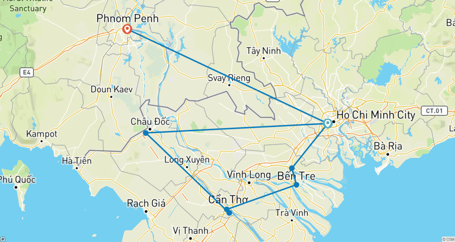 Mapa do percurso de Excursão em Grupo ao Delta do Mekong com Lancha para Phnom Penh Via Can Tho, Chau Doc saindo de Saigon