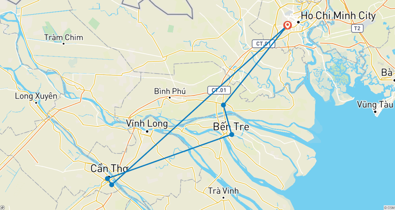 Mapa do percurso de Excursão em Grupo de Saigon para Ben Tre, Can Tho, Vinh Long com Mercado Flutuante no Delta do Mekong