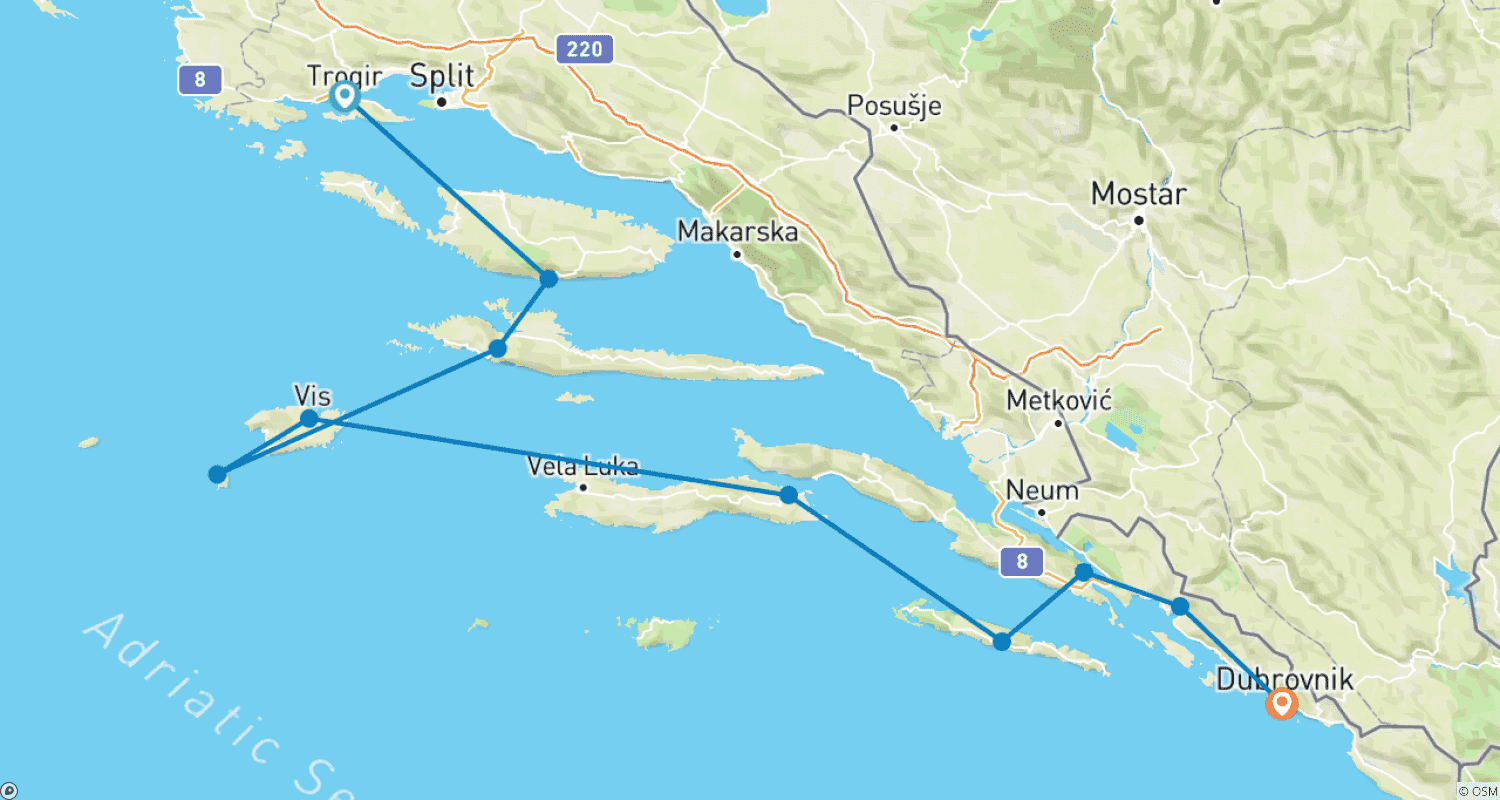 Mapa trasy: Luksusowy Rejs w Jedną Stronę (Trogir/Marina Baotić- Dubrownik) - Kategoria Deluxe MV