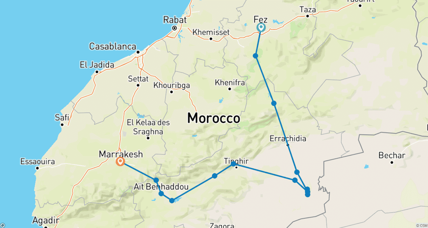 Mapa do percurso de Tour Privado de 4 Dias de Fez ao Saara até Marraquexe (Tour Privado)