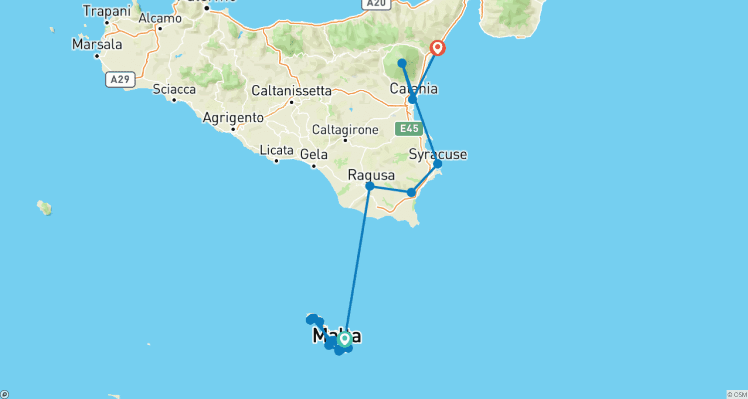 Mapa do percurso de Tour Privado de 10 Dias em Malta e Sicília