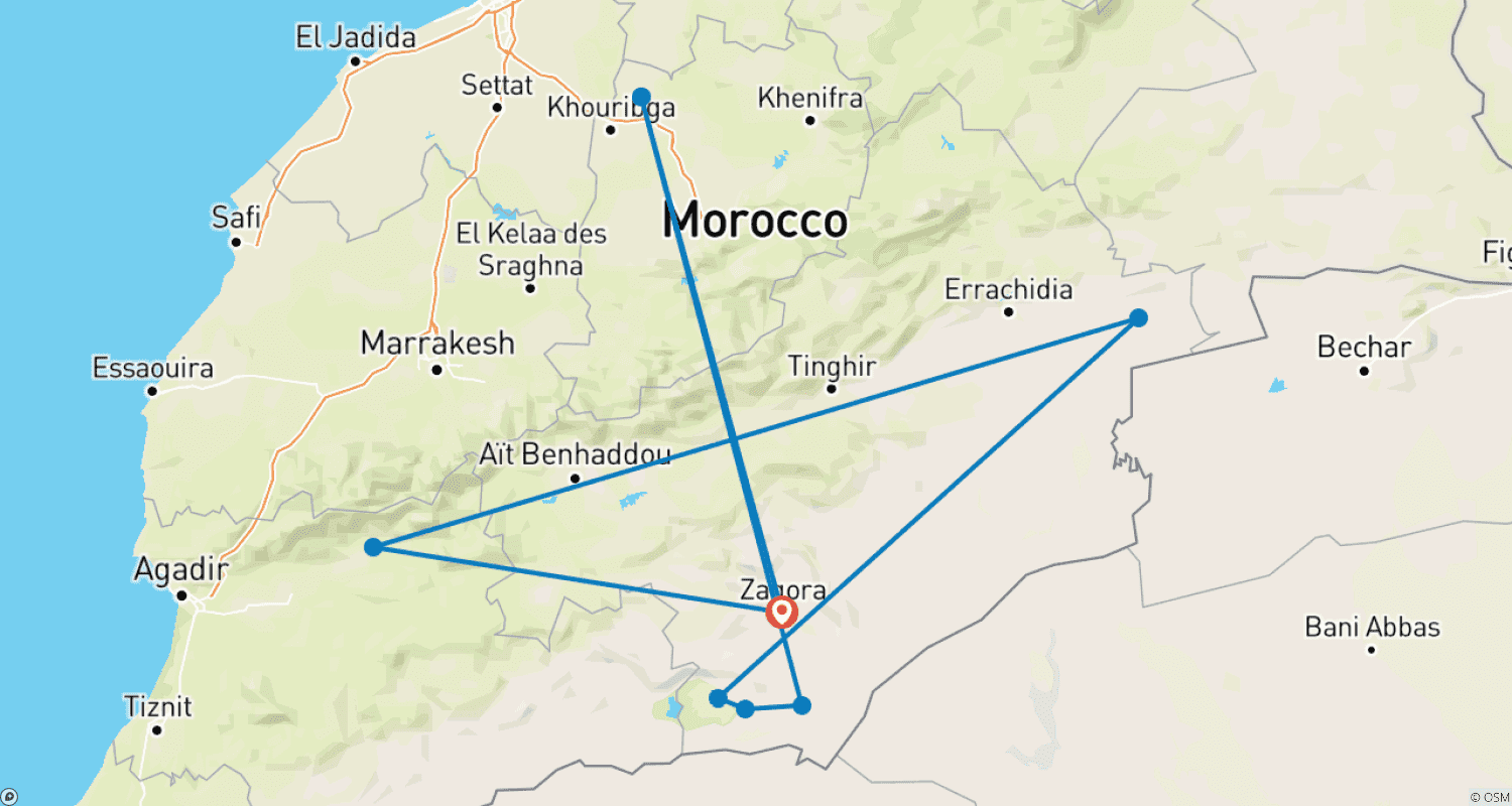 Mapa do percurso de Trekking Berbere no Deserto do Sul 12 Dias
