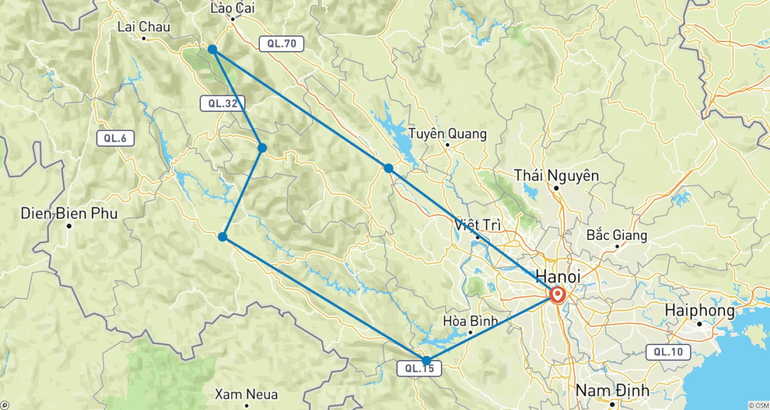 Mapa do percurso de Northern Vietnam Motorcycle Tour to Mai Chau, Mu Cang Chai, Sapa, Lai Chau