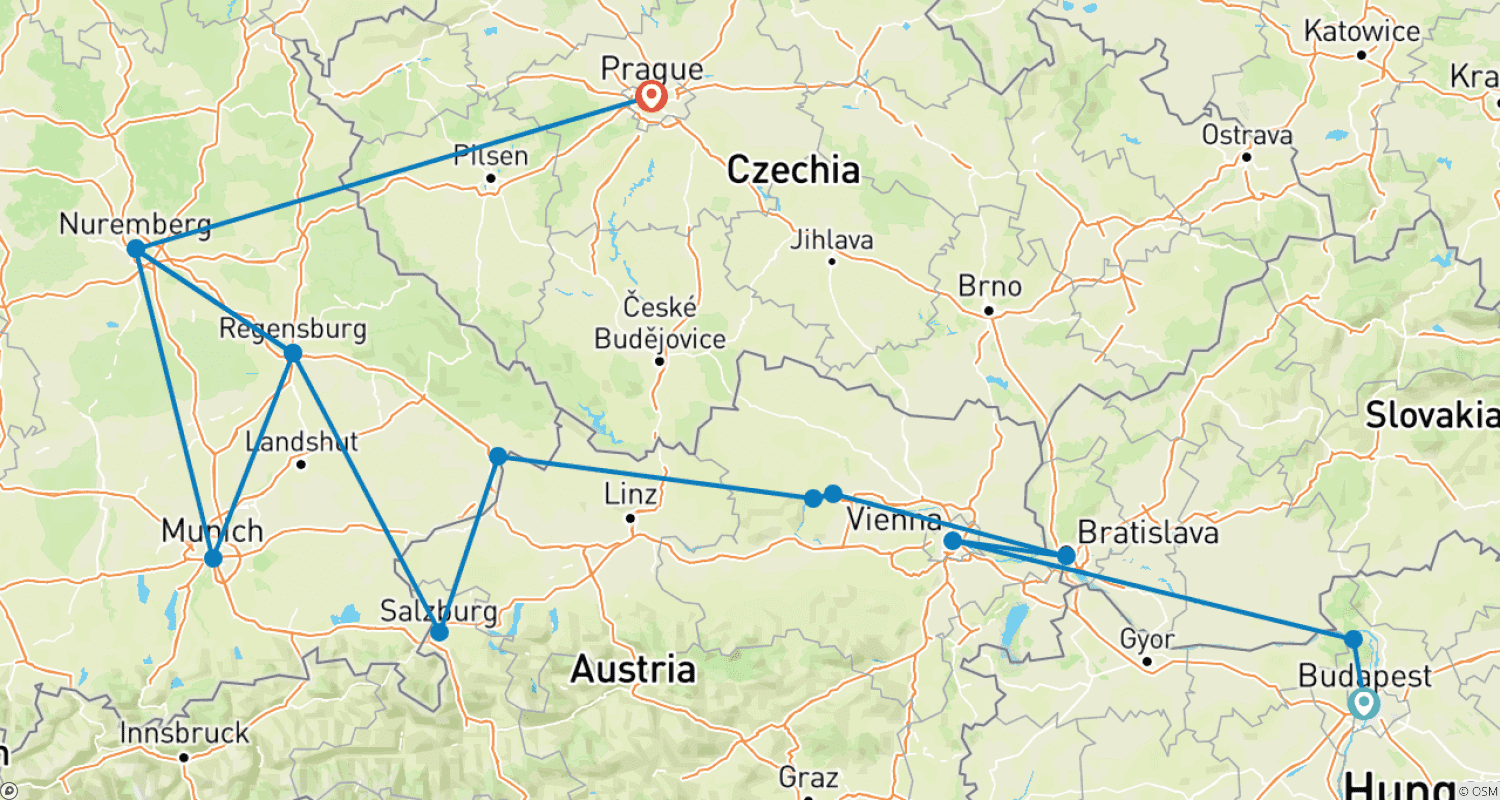 Mapa do percurso de Danúbio Romântico: Budapeste a Regensburg